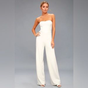Lulu’s Edith Jumpsuit, white strapless wide leg jumpsuit